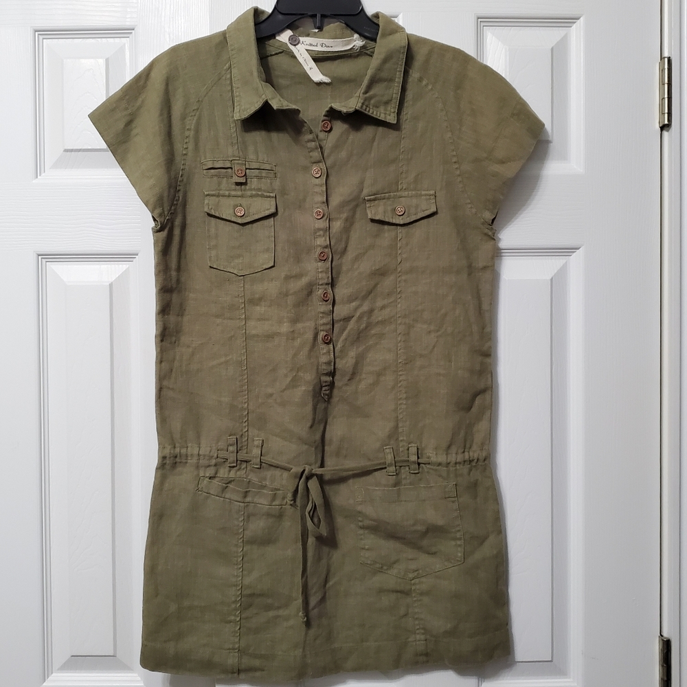 Anthropologie 100% linen knitted dove drop waist dress army green size Small.